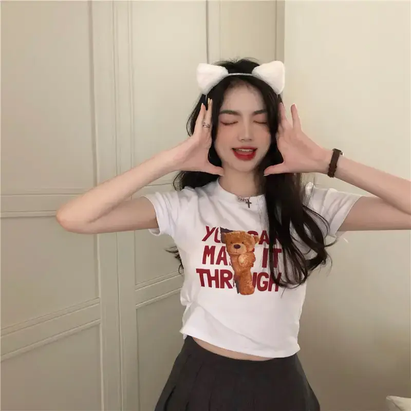 2025 Summer Women Korean Style Letter Bear Print T-Shirt - Image 16
