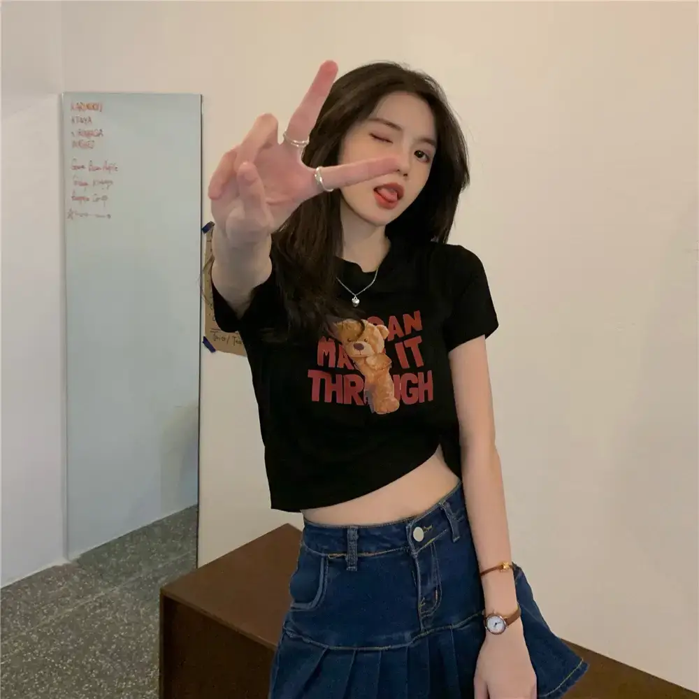 2025 Summer Women Korean Style Letter Bear Print T-Shirt — feature 2