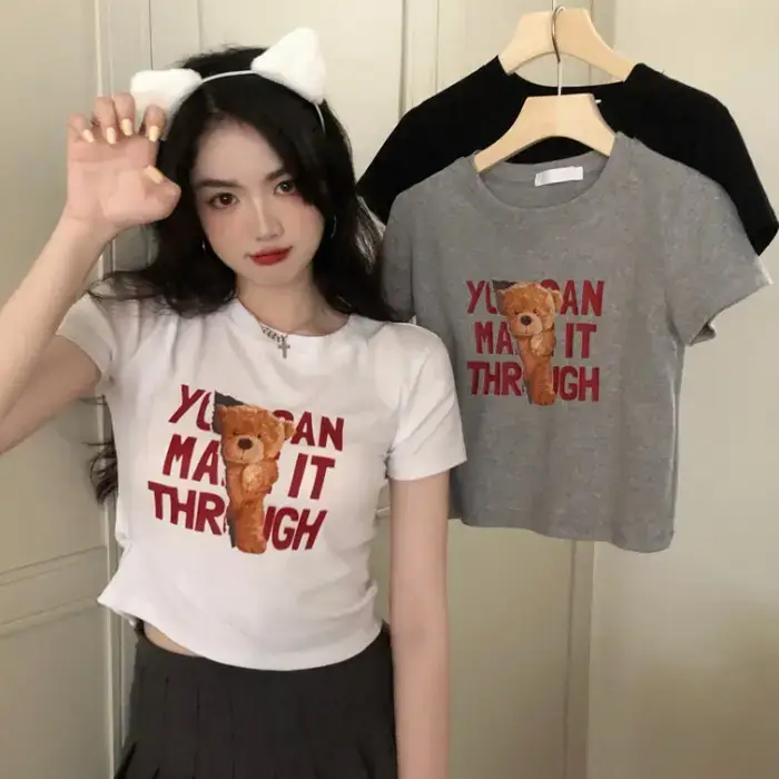2025 Summer Women Korean Style Letter Bear Print T-Shirt — feature 33