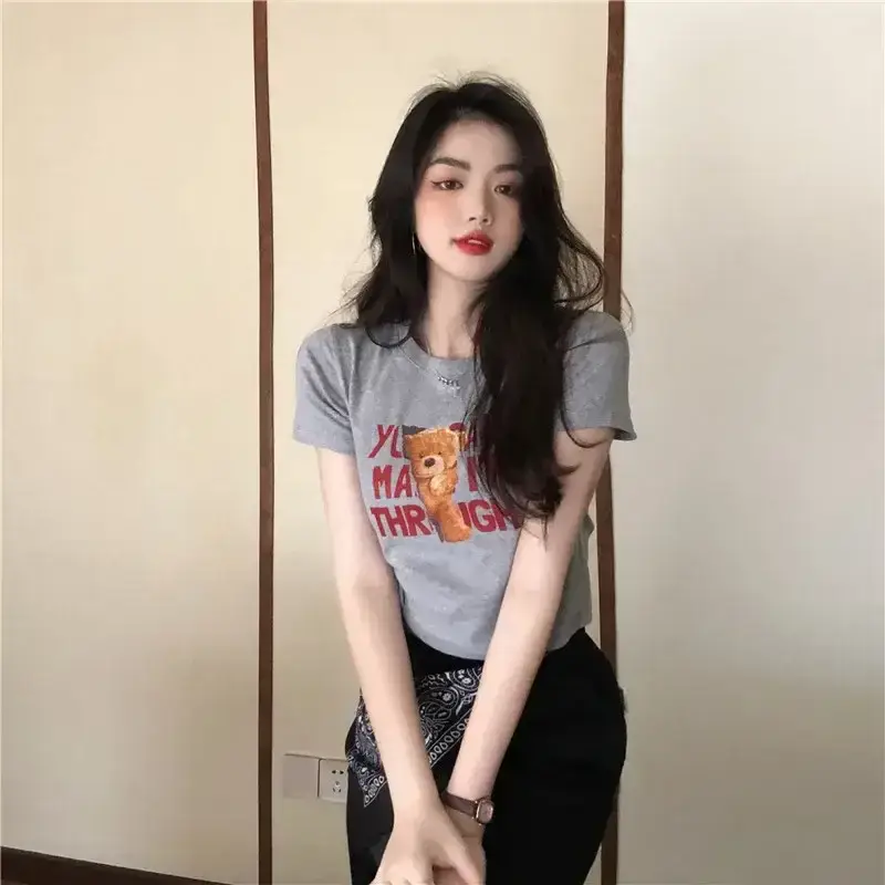 2025 Summer Women Korean Style Letter Bear Print T-Shirt - Image 11
