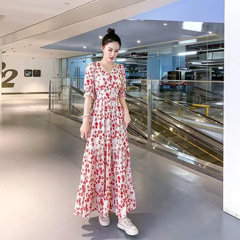 Women Chiffon Floral V Neck Dress Summer Long Skirt - Image 9