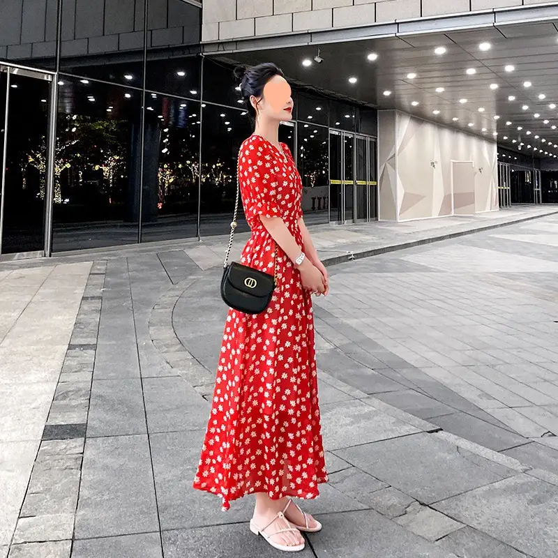 Women Chiffon Floral V Neck Dress Summer Long Skirt - Image 4
