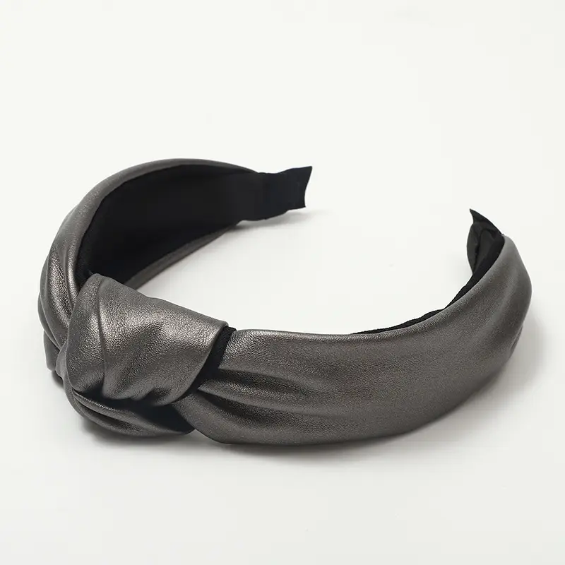 Korean PU Leather Middle Knotted Hairband Solid Color Retro Stitching Women's Wide-Brimmed Headband Hairpin Accessories - Image 4