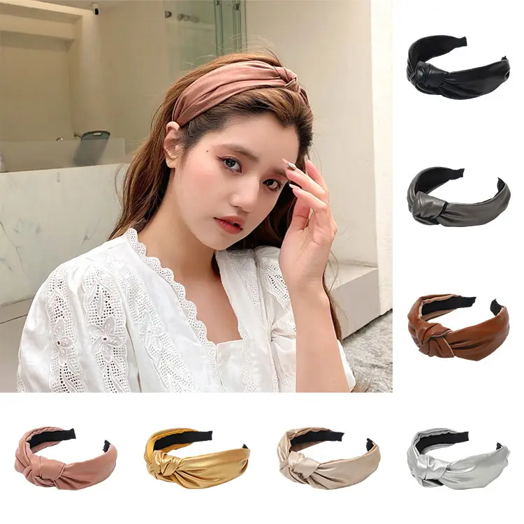 Korean PU Leather Middle Knotted Hairband Solid Color Retro Stitching Women's Wide-Brimmed Headband Hairpin Accessories - Image 12