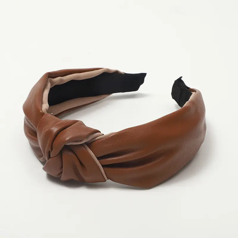 Korean PU Leather Middle Knotted Hairband Solid Color Retro Stitching Women's Wide-Brimmed Headband Hairpin Accessories - Image 10