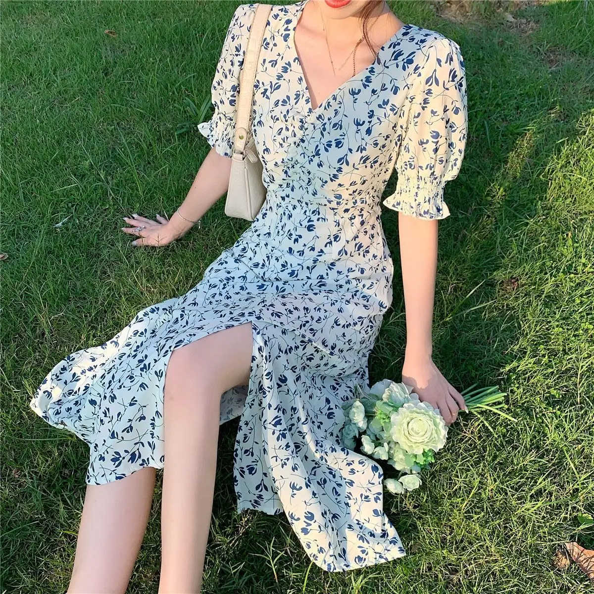 French Design Floral V Neck Dress Mid Skirt
