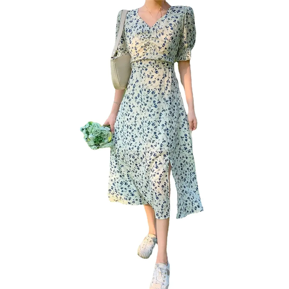 French Design Floral V Neck Dress Mid Skirt