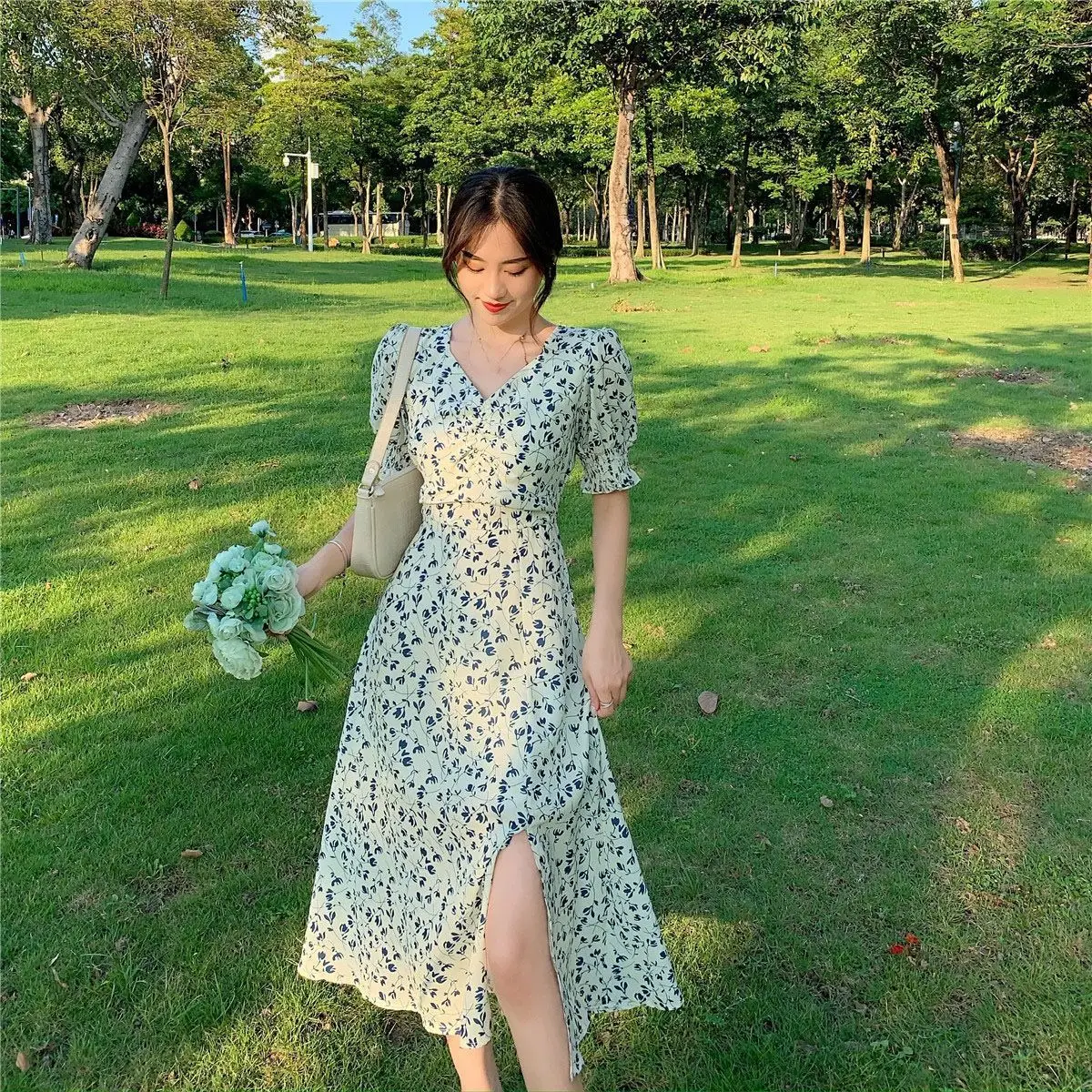 French Design Floral V Neck Dress Mid Skirt — feature 1