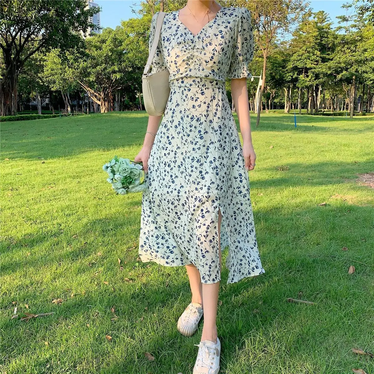 French Design Floral V Neck Dress Mid Skirt — feature 11
