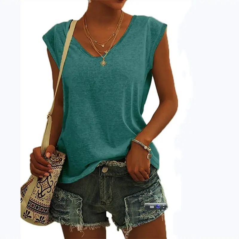 Women Green Cap Sleeve V-Neck Casual Vest T-Shirt