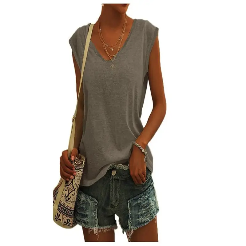 Women Green Cap Sleeve V-Neck Casual Vest T-Shirt