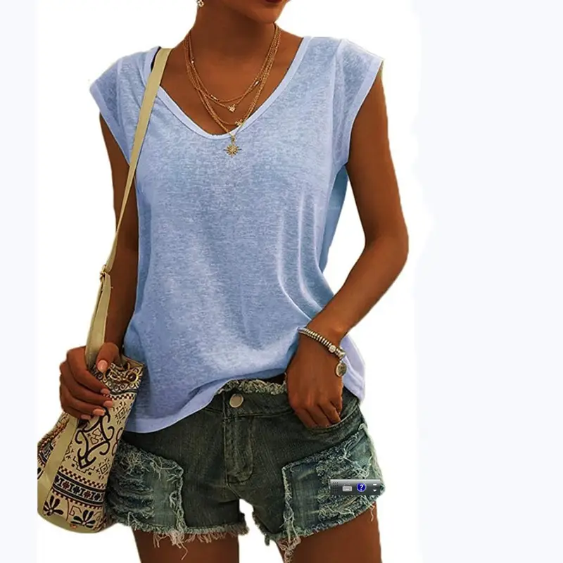 Women Green Cap Sleeve V-Neck Casual Vest T-Shirt
