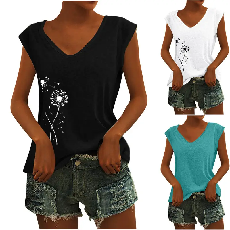 Women Green Cap Sleeve V-Neck Casual Vest T-Shirt