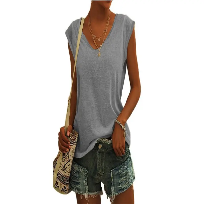 Women Green Cap Sleeve V-Neck Casual Vest T-Shirt — feature 15