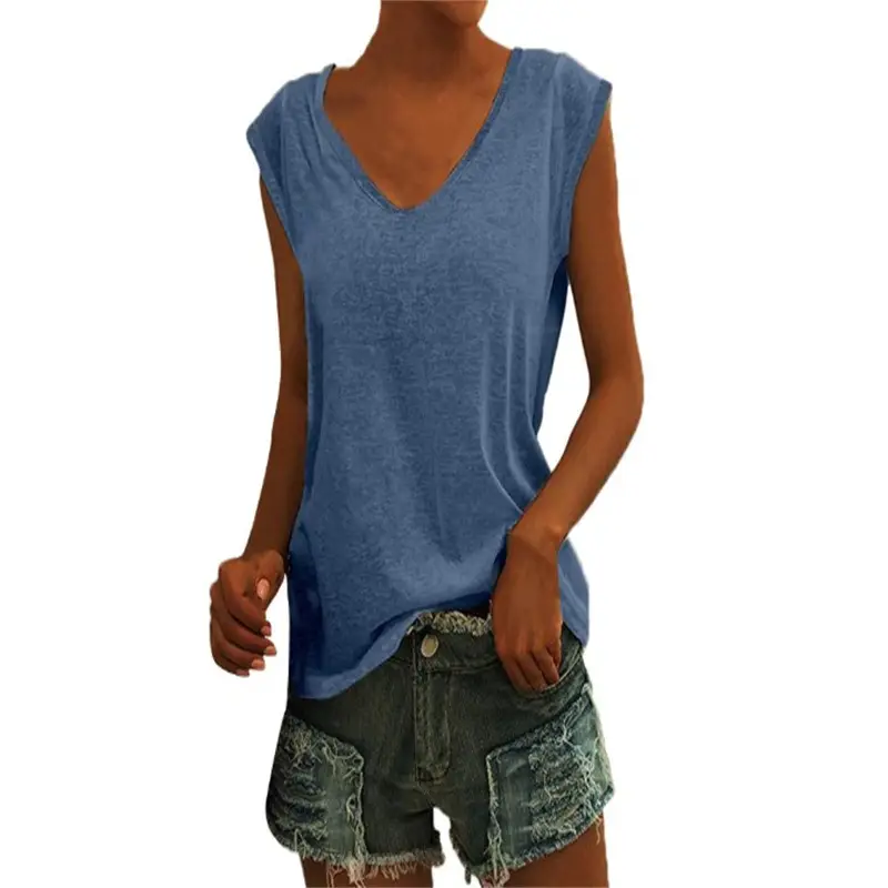 Women Green Cap Sleeve V-Neck Casual Vest T-Shirt — feature 19
