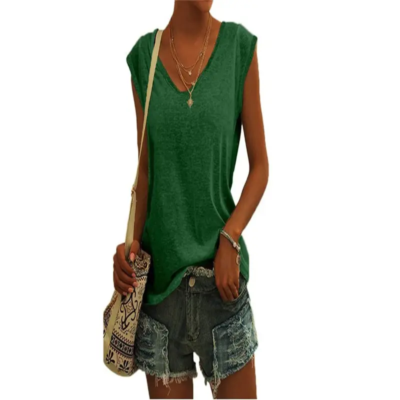 Women Green Cap Sleeve V-Neck Casual Vest T-Shirt — feature 21