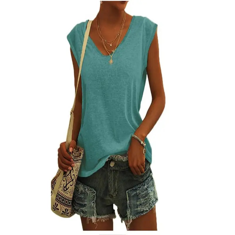 Women Green Cap Sleeve V-Neck Casual Vest T-Shirt — feature 23