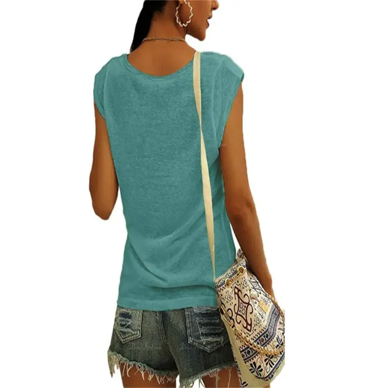Women Green Cap Sleeve V-Neck Casual Vest T-Shirt — feature 24