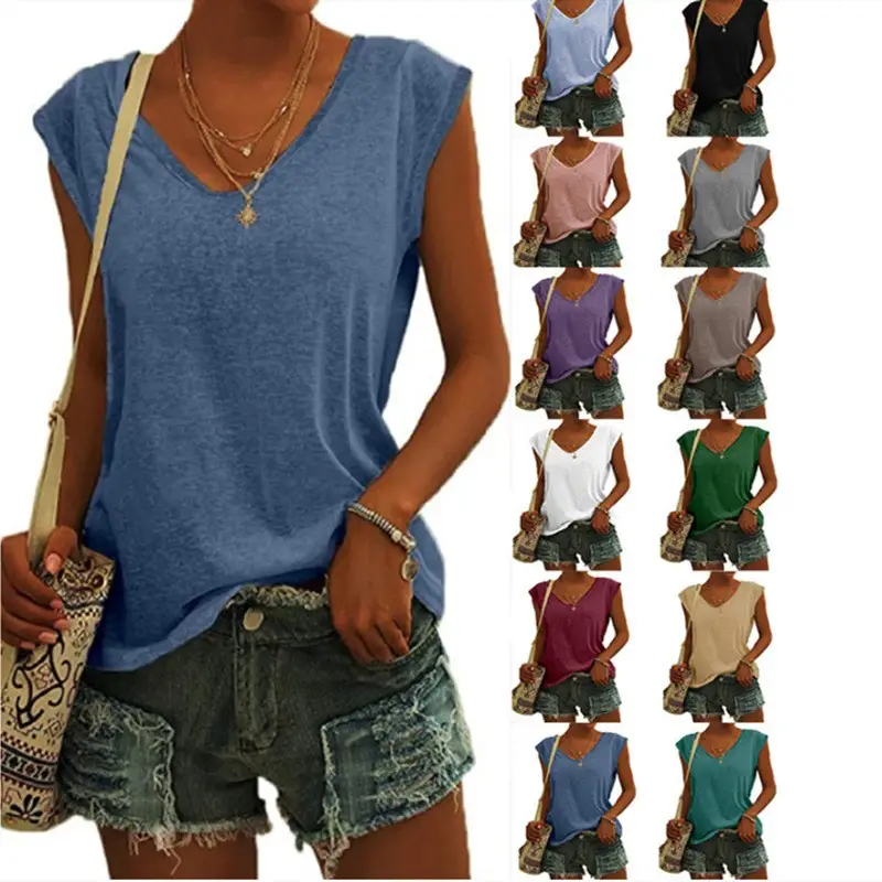 Women Green Cap Sleeve V-Neck Casual Vest T-Shirt — feature 3