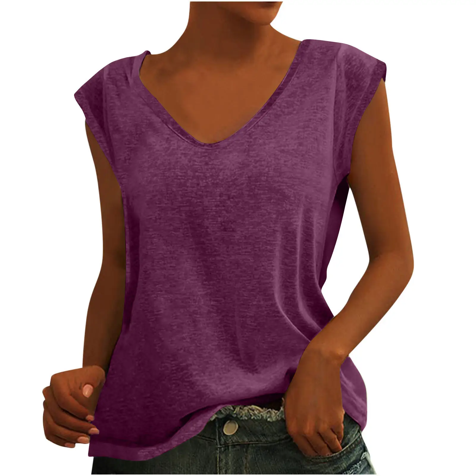 Women Green Cap Sleeve V-Neck Casual Vest T-Shirt — feature 37