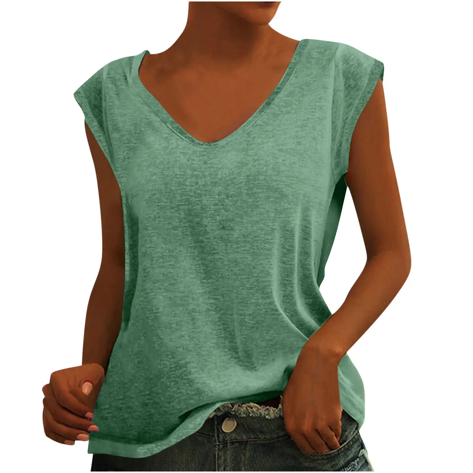 Women Green Cap Sleeve V-Neck Casual Vest T-Shirt — feature 38