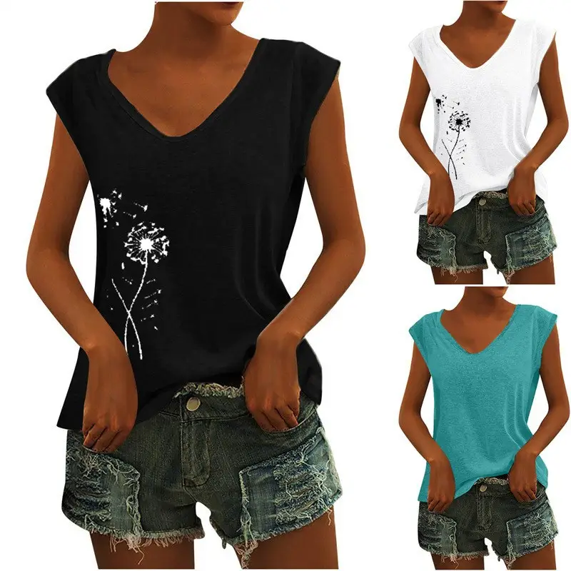 Women Green Cap Sleeve V-Neck Casual Vest T-Shirt — feature 4
