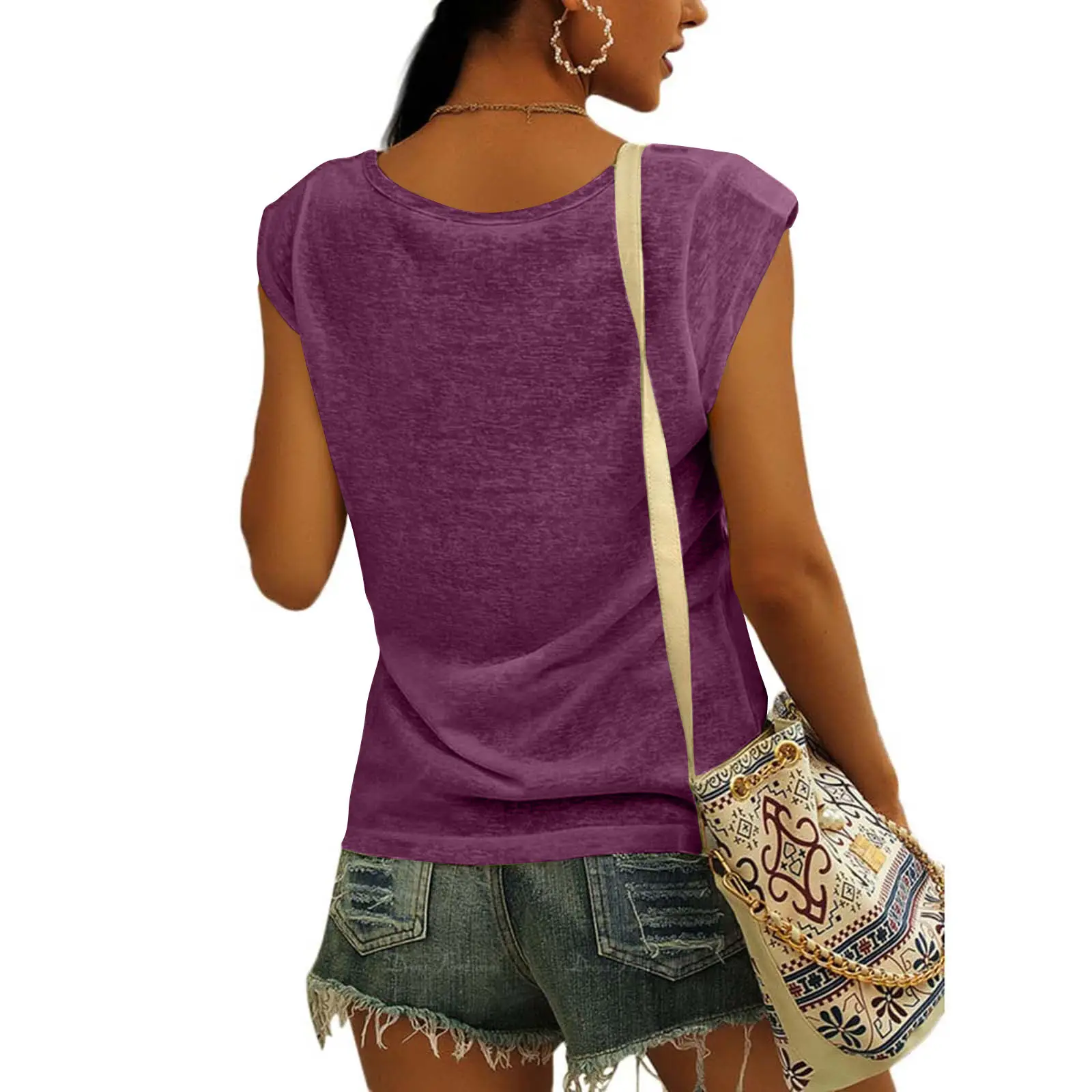 Women Green Cap Sleeve V-Neck Casual Vest T-Shirt — feature 41