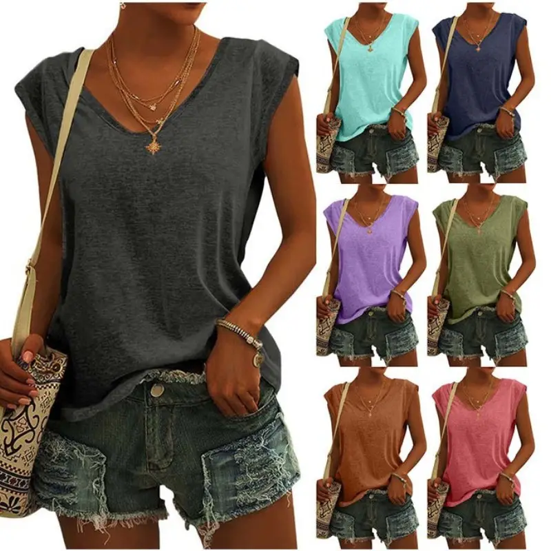 Women Green Cap Sleeve V-Neck Casual Vest T-Shirt — feature 5