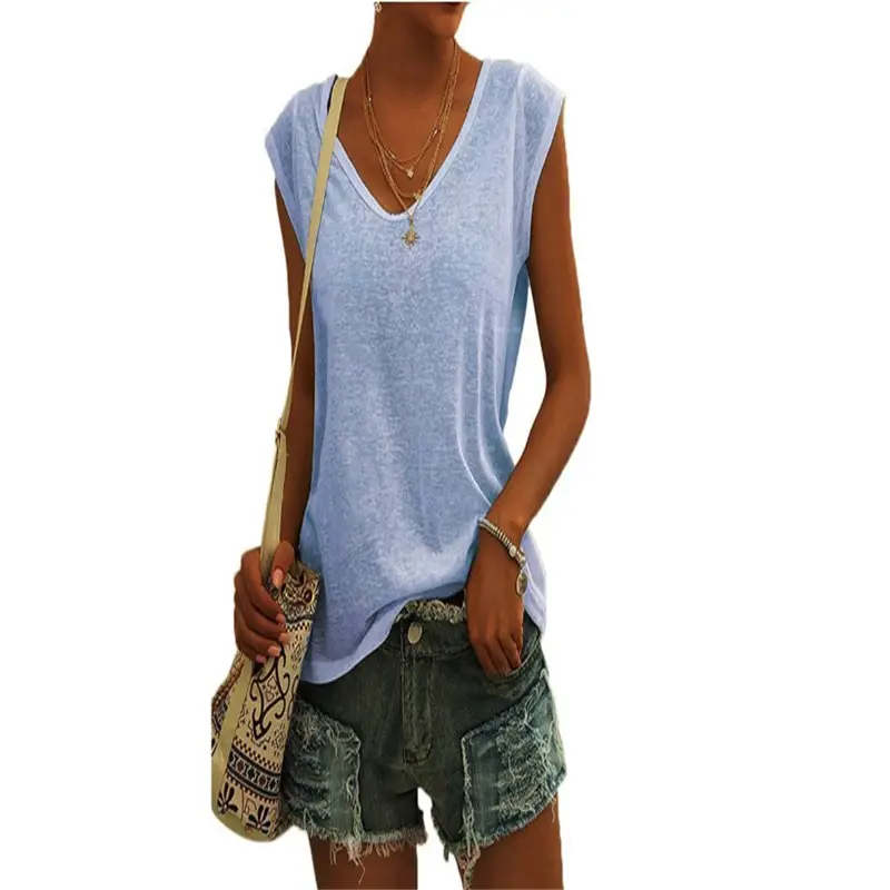 Women Green Cap Sleeve V-Neck Casual Vest T-Shirt — feature 8