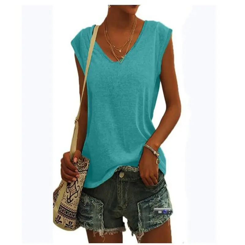 Women Green Cap Sleeve V-Neck Casual Vest T-Shirt