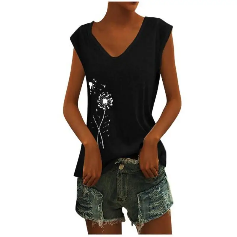 Women Green Cap Sleeve V-Neck Casual Vest T-Shirt