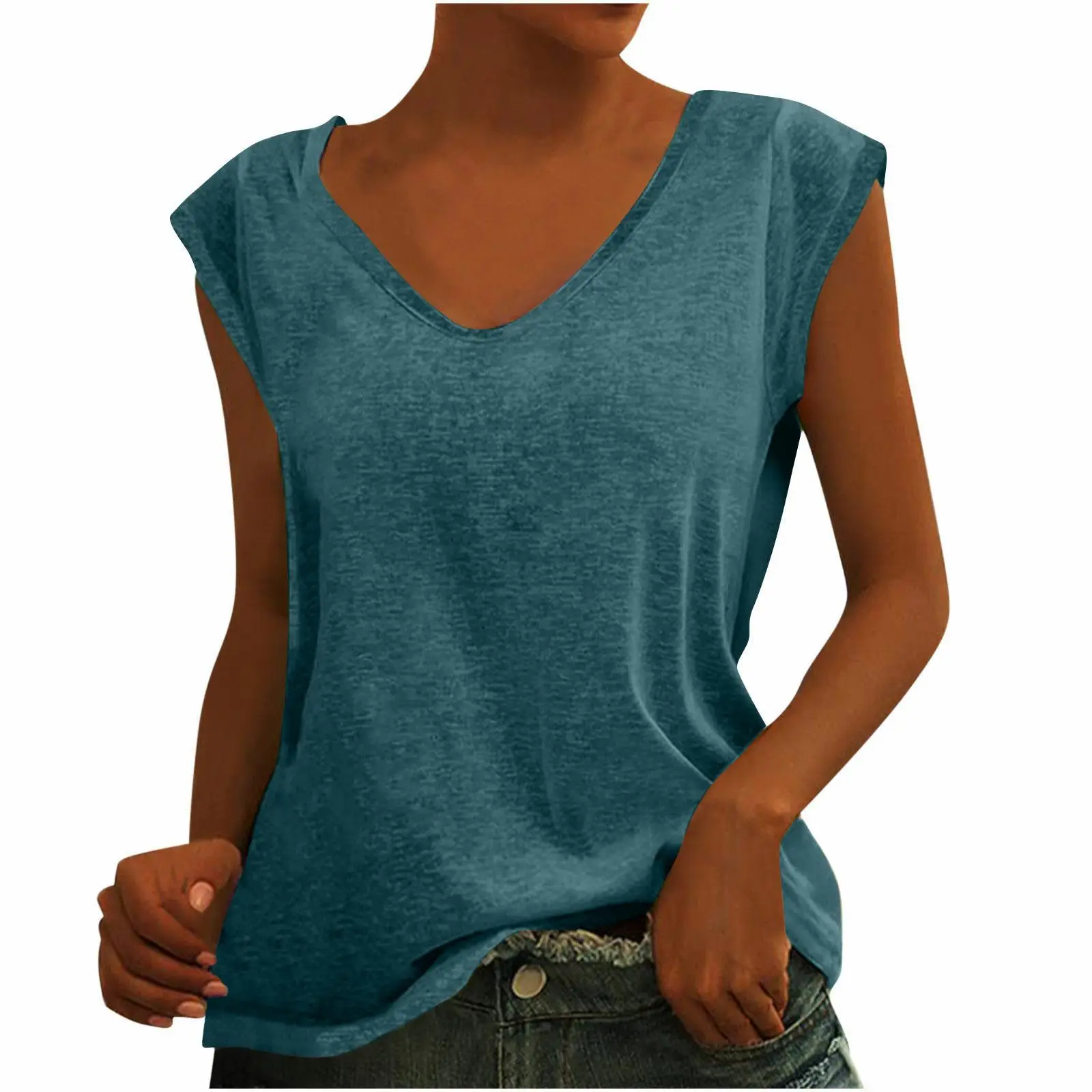 Women Green Cap Sleeve V-Neck Casual Vest T-Shirt
