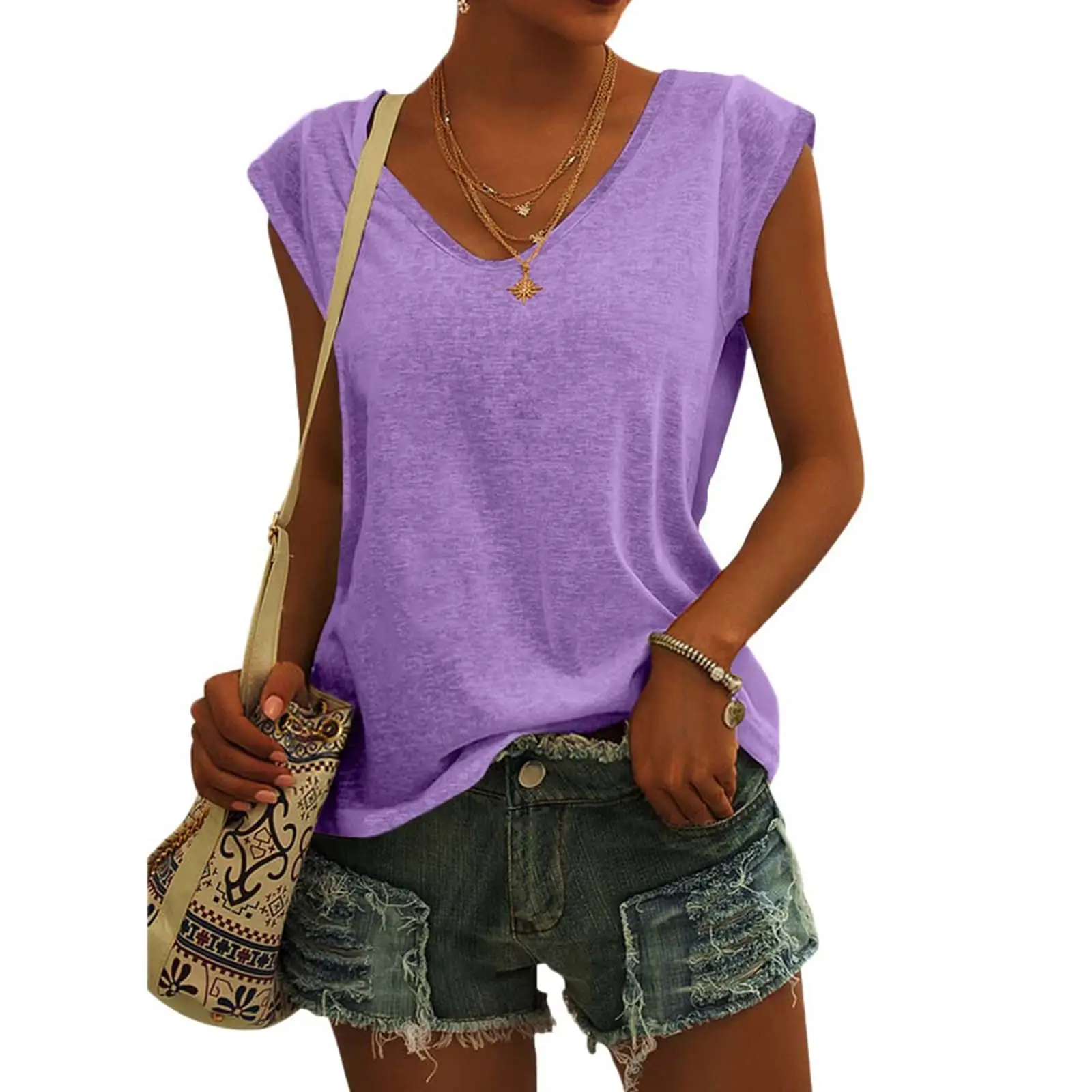 Women Green Cap Sleeve V-Neck Casual Vest T-Shirt