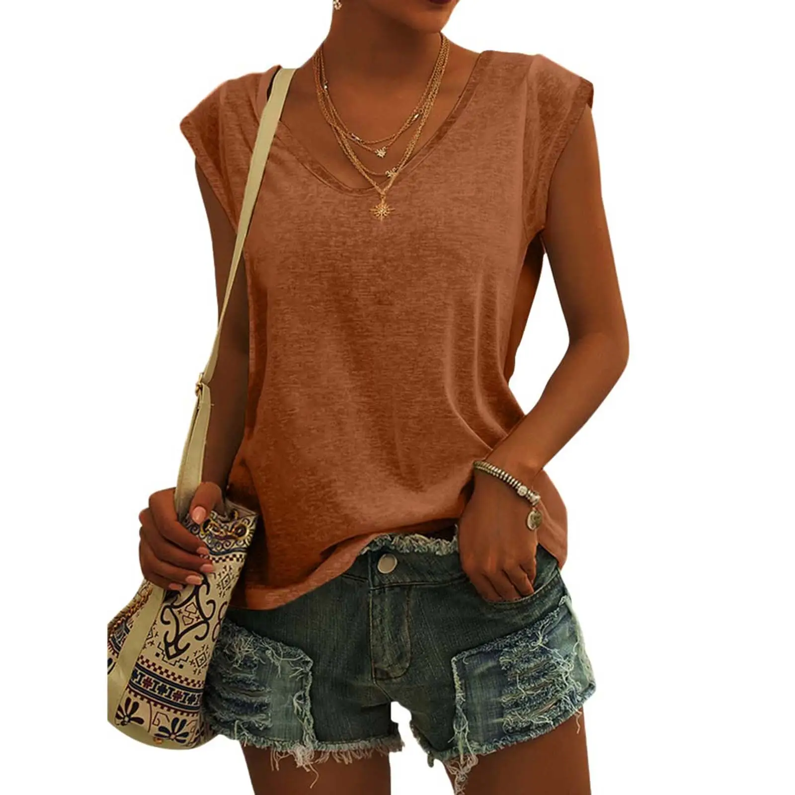 Women Green Cap Sleeve V-Neck Casual Vest T-Shirt