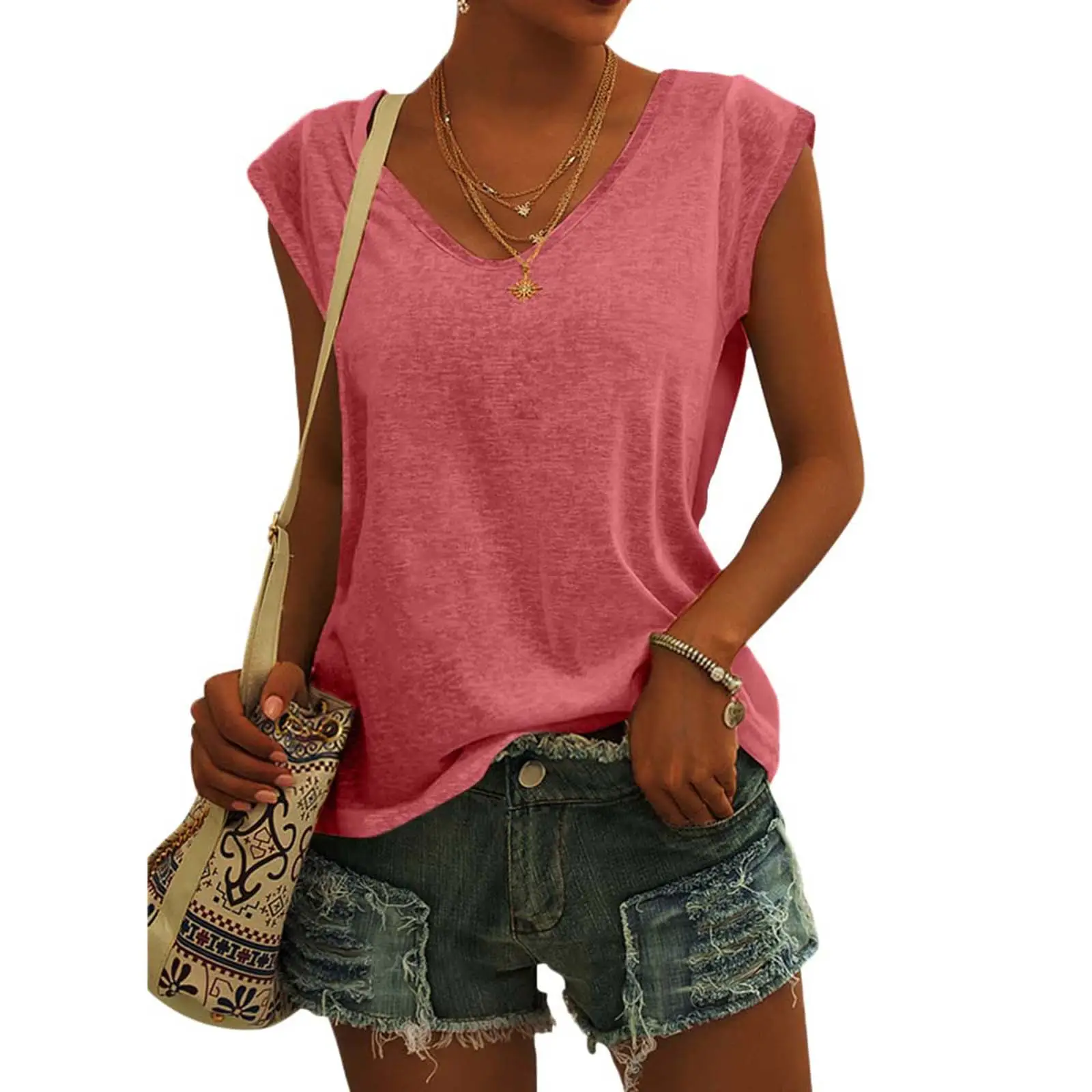 Women Green Cap Sleeve V-Neck Casual Vest T-Shirt