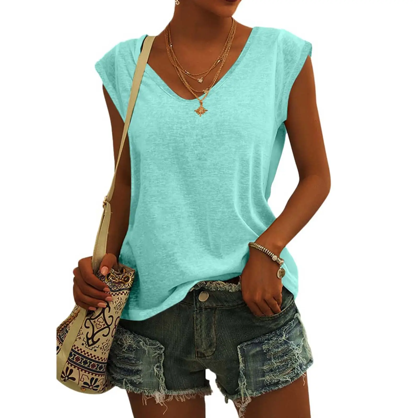 Women Green Cap Sleeve V-Neck Casual Vest T-Shirt