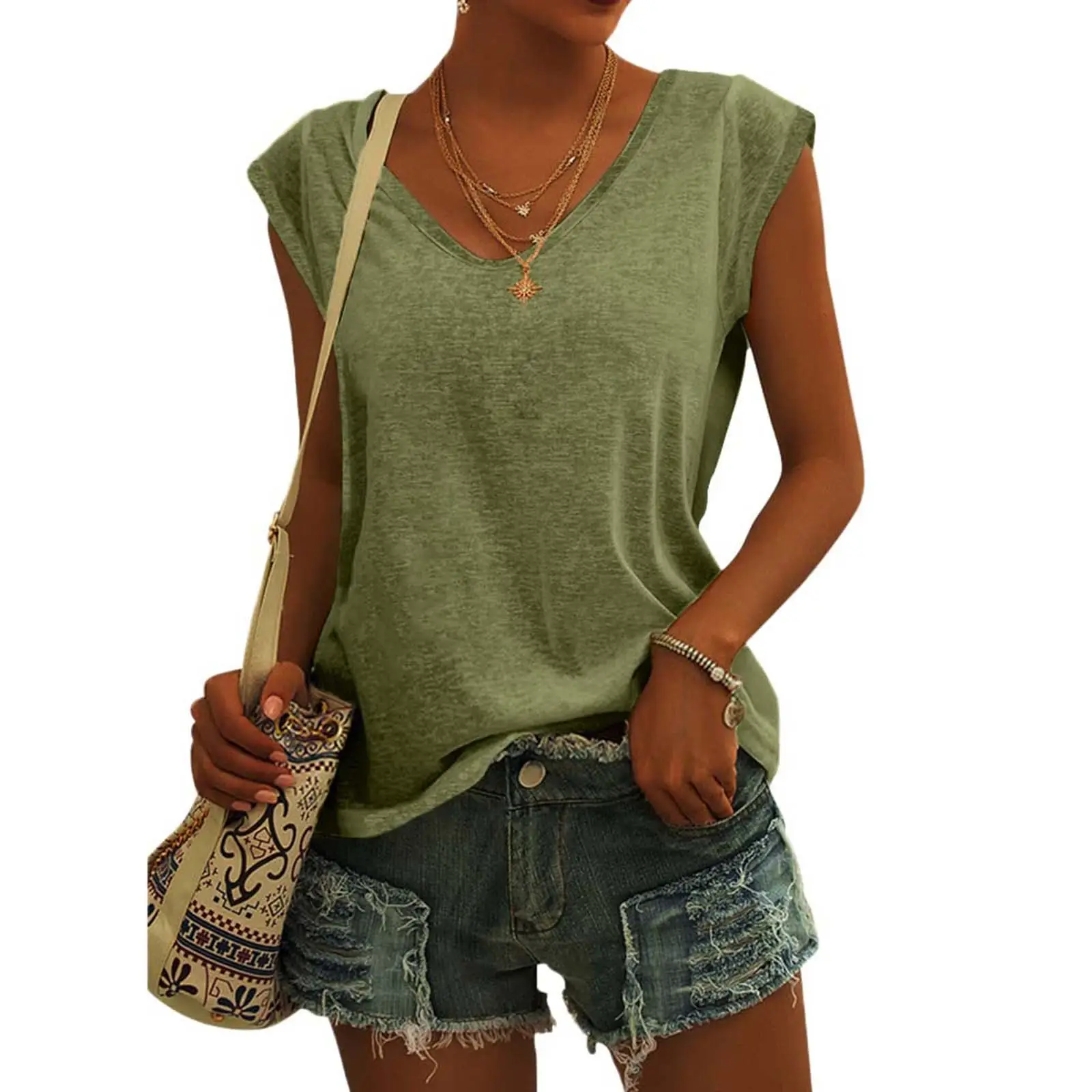 Women Green Cap Sleeve V-Neck Casual Vest T-Shirt