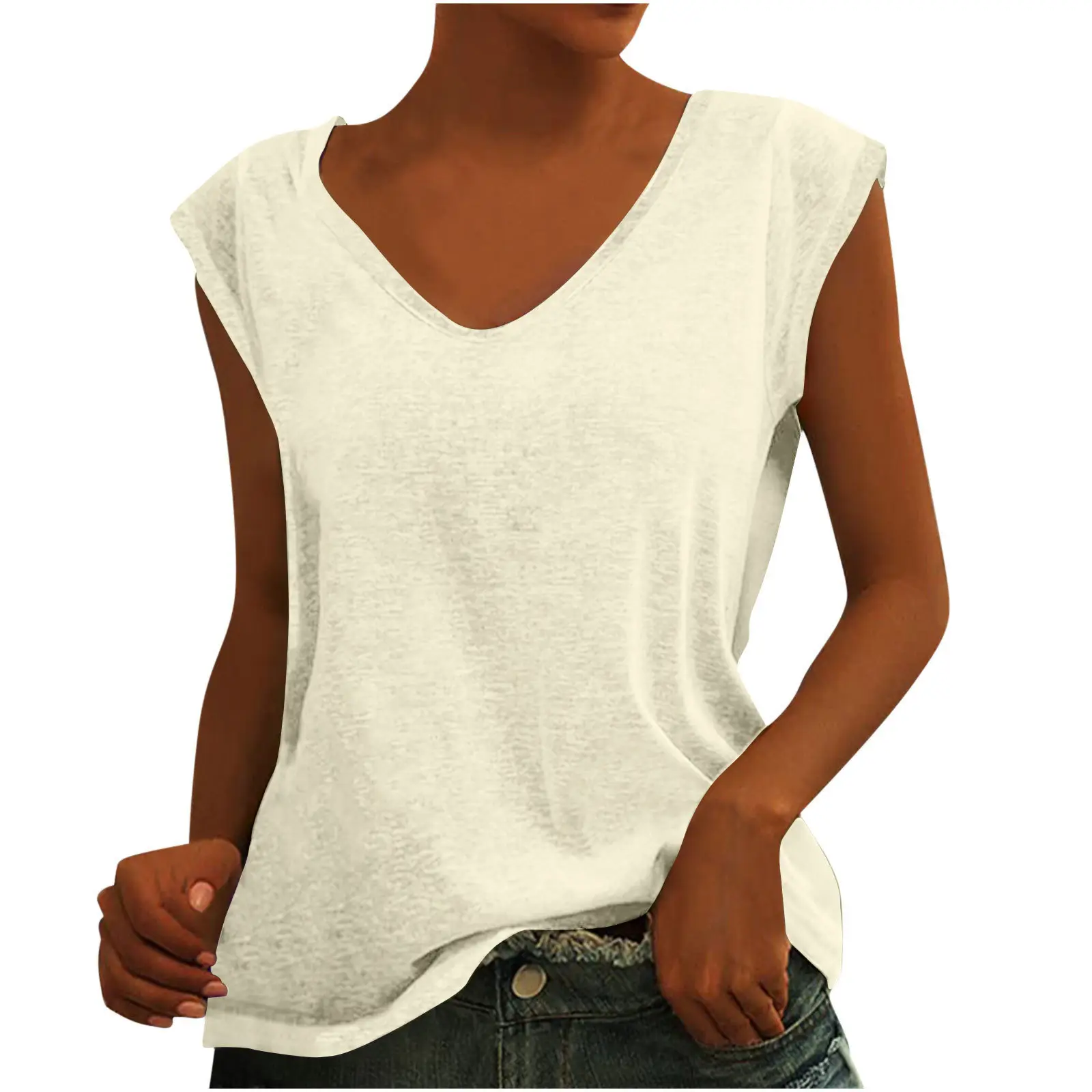 Women Green Cap Sleeve V-Neck Casual Vest T-Shirt