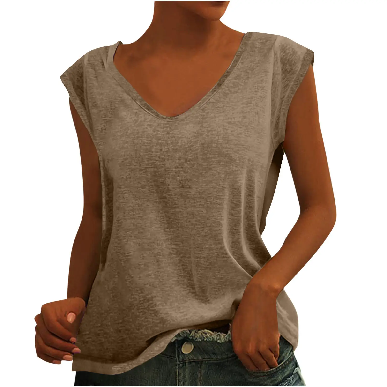 Women Green Cap Sleeve V-Neck Casual Vest T-Shirt