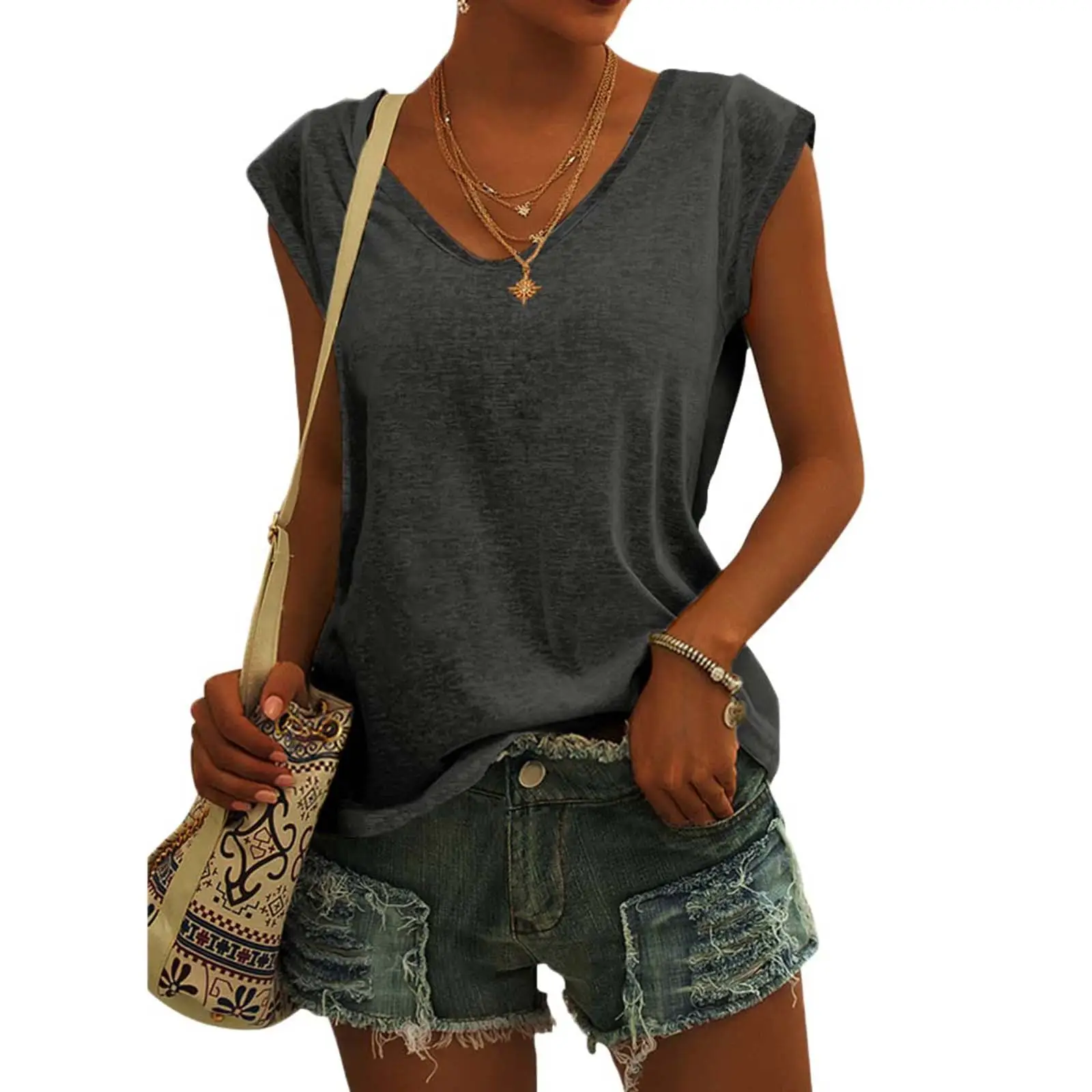 Women Green Cap Sleeve V-Neck Casual Vest T-Shirt