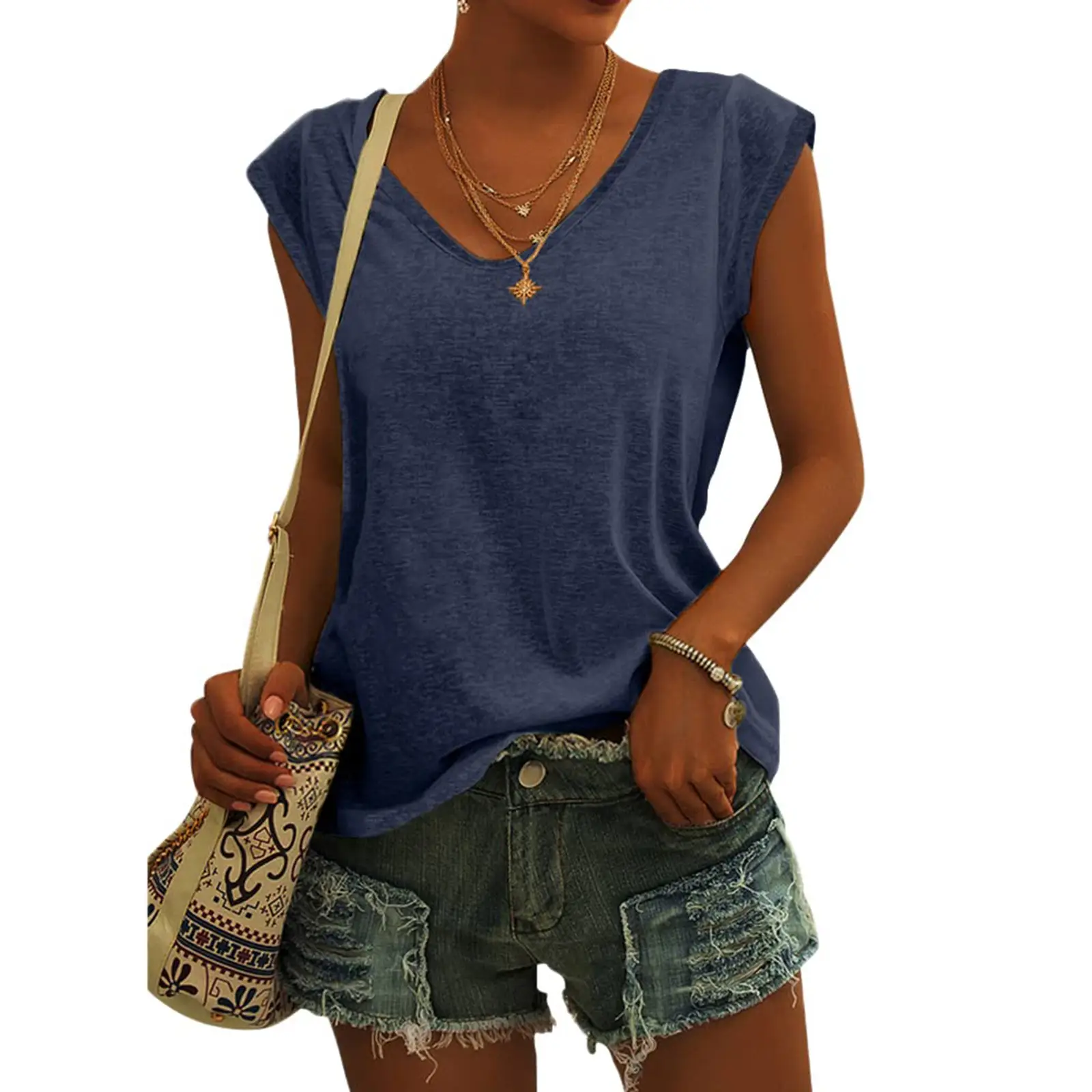Women Green Cap Sleeve V-Neck Casual Vest T-Shirt