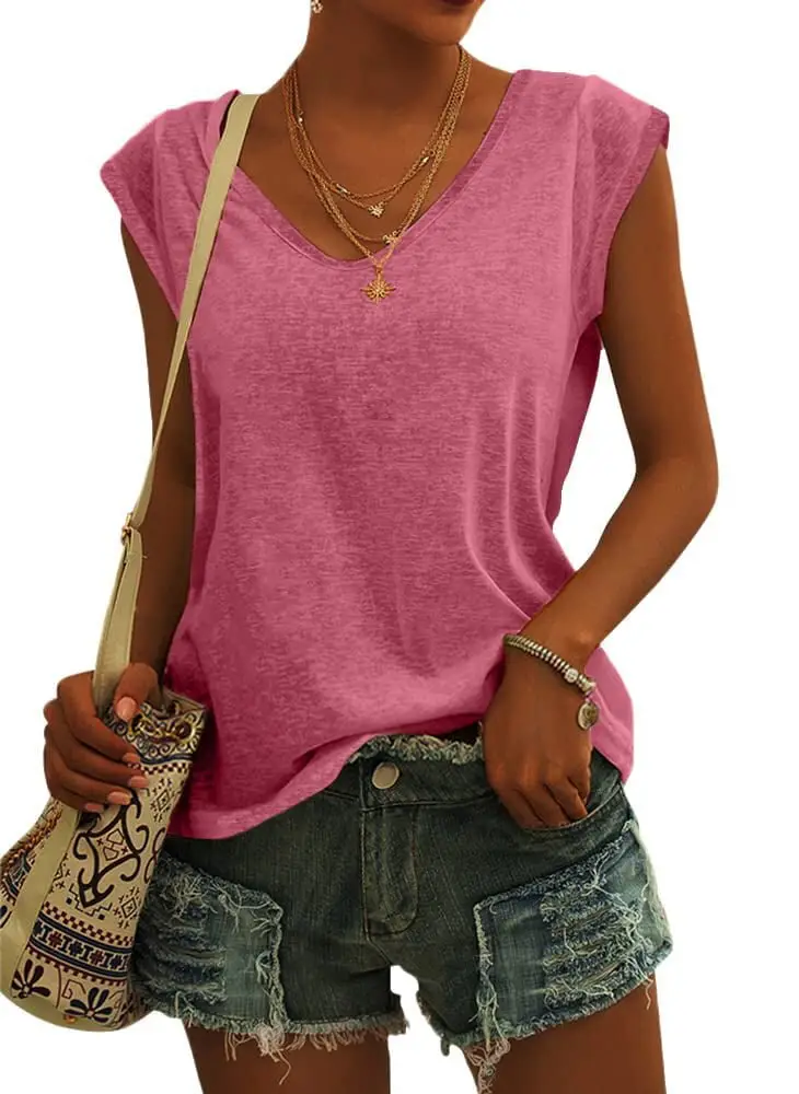 Women Green Cap Sleeve V-Neck Casual Vest T-Shirt