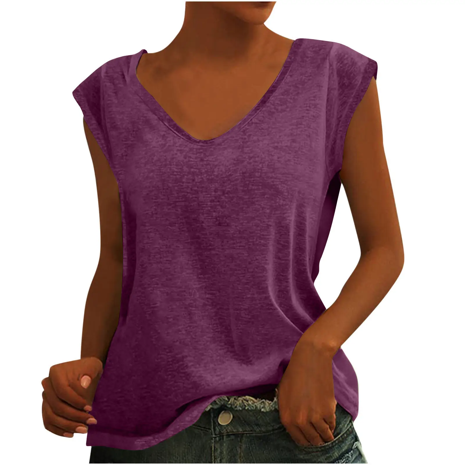Women Green Cap Sleeve V-Neck Casual Vest T-Shirt