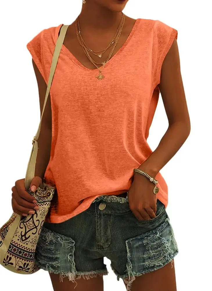 Women Green Cap Sleeve V-Neck Casual Vest T-Shirt