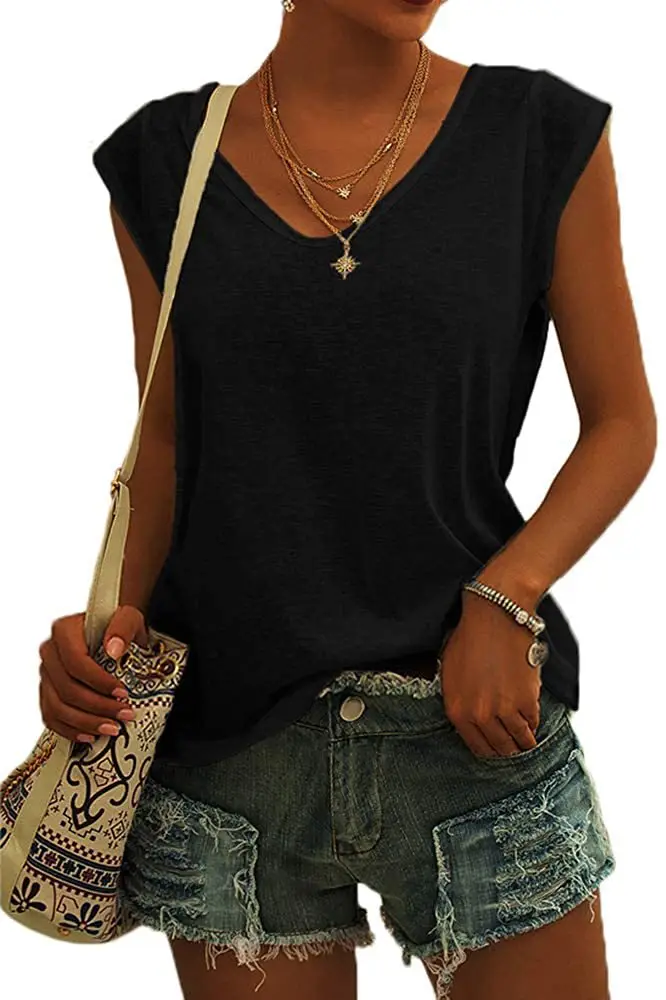 Women Green Cap Sleeve V-Neck Casual Vest T-Shirt