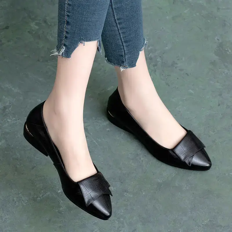 Flat Shoes Women's 2021 New Spring and Autumn Shallow Thick Heel Pointed Women's Shoes Soft Leather Soft Sole All-match Leather Shoes Work Shoes - Image 3