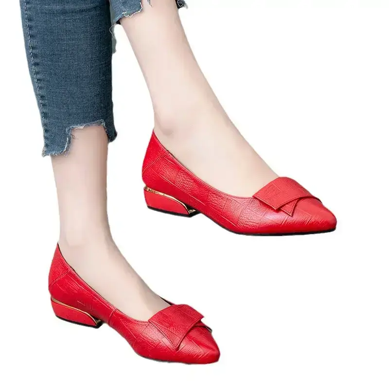 Flat Shoes Women's 2021 New Spring and Autumn Shallow Thick Heel Pointed Women's Shoes Soft Leather Soft Sole All-match Leather Shoes Work Shoes - Image 5