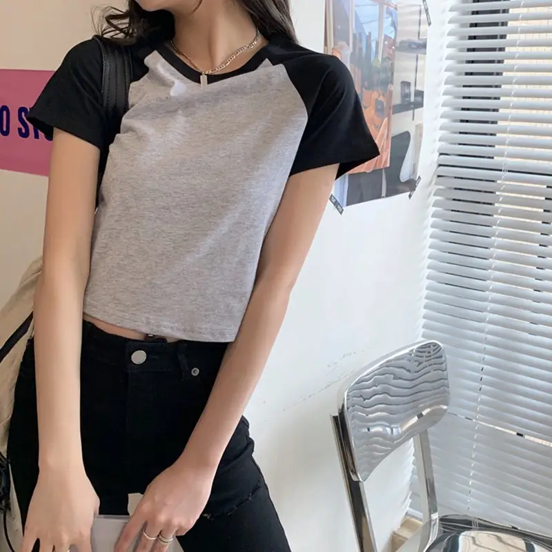 Women Korean Style Crop Top T-Shirt Grey Black 2025 - Image 7