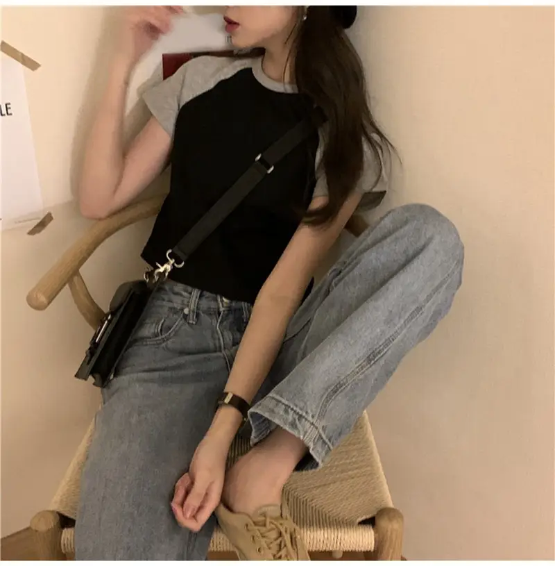 Women Korean Style Crop Top T-Shirt Grey Black 2025 — feature 10