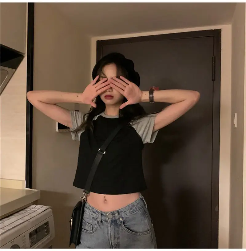 Women Korean Style Crop Top T-Shirt Grey Black 2025 — feature 11